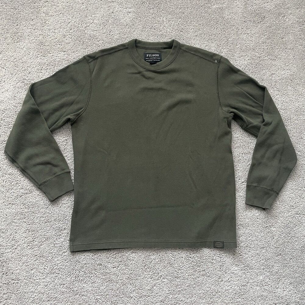 Filson Waffle Knit Cotton Thermal Crewneck Sweater Olive Green Large Mossyrock